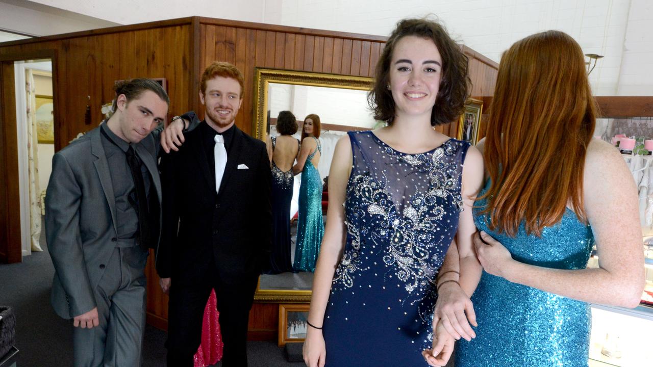 Richmond River High School students, from left, Bodhi Towers, Teshan Joy, Ryley Adams and Shannon Richardson, trying on outfits at Mary Vidler Bridal in Lismore for their formal. Picture: Cathy Adams / The Northern Star