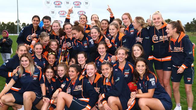 Calder Cannons players celebrate their TAC Cup Girls premiership success. Picture: Jack Thomas.