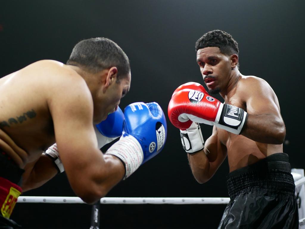 Patrick Clarke fights Alan Patterson at the Battle of the Reef fight night at the Townsville Entertainment and Convention centre, October 7 2023. Picture: Blair Jackson.