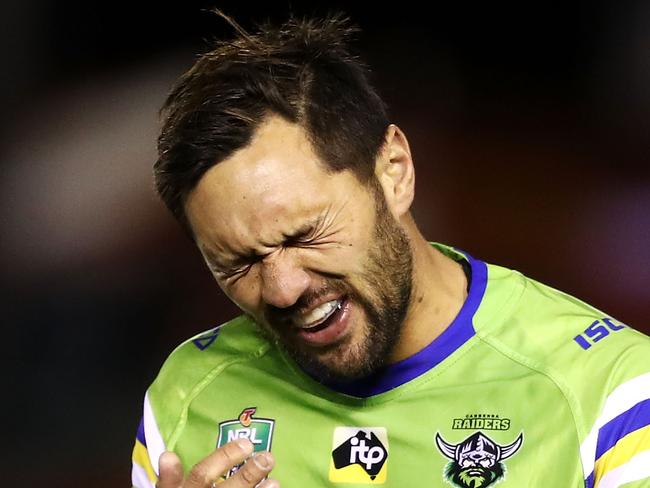 SYDNEY, AUSTRALIA - JULY 20: Jordan Rapana of the Raiders looks dejected as he leaves the field after being sin binned during the round 19 NRL match between the Cronulla Sharks and the Canberra Raiders at Southern Cross Group Stadium on July 20, 2018 in Sydney, Australia. (Photo by Mark Kolbe/Getty Images)