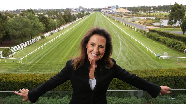 Victoria Racing Club chair Amanda Elliott in front of the Flemington straight. Picture: Ian Currie