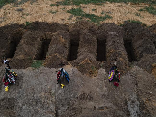 Freshly dug graves are seen at the cemetery in Bucha, Ukraine. Picture: Getty Images