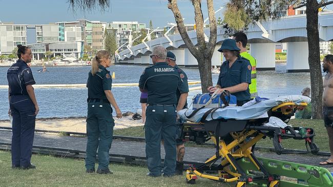 Ambulance staff at Paradise Point Parklands on the Gold Coast. Picture: Kathleen Skene