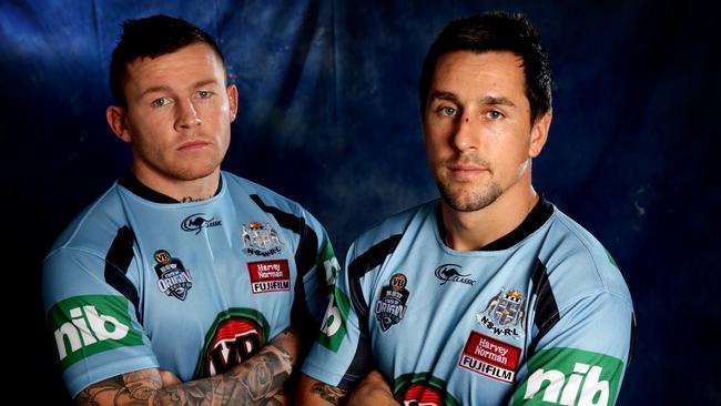 Former Blues halves Todd Carney and Mitchell Pearce Picture: Gregg Porteous.