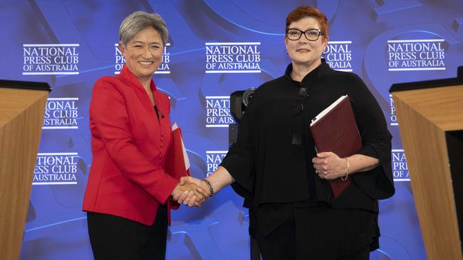 Labor foreign affairs spokeswoman Penny Wong with Foreign Minister Marise Payne. Picture: NCA Newswire / Andrew Taylor