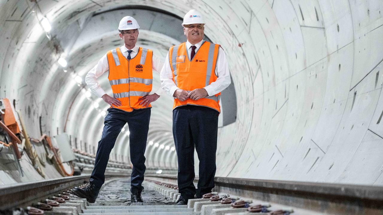 Premier Dominic Perrottet and Transport Minister David Elliott in Sydney Metro West tunnel. Picture: James Gourley