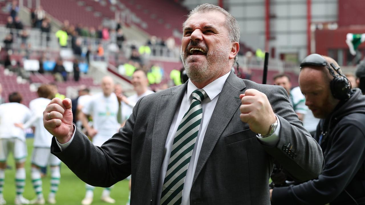 Ange Postecoglou, Manager of Celtic, celebrates after winning the Cinch Scottish Premiership following the match between Heart of Midlothian and Celtic FC at Tynecastle Park on May 07, 2023 in Edinburgh, Scotland. (Photo by Ian MacNicol/Getty Images)