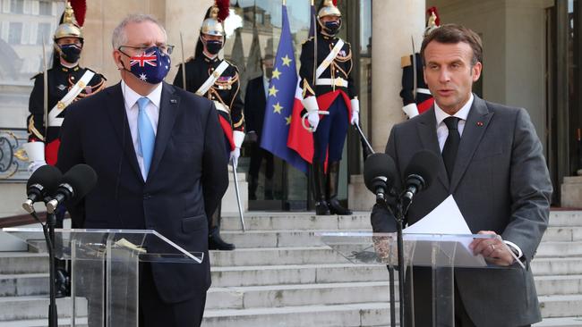 Happier times: Prime Minister Scott Morrison with Emmanuel Macron, President of the France, in June. Picture: Adam Taylor/PMO