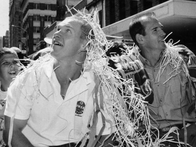 Broncos legends Allan Langer and Wayne Bennett during a 1992 ticker tape parade.