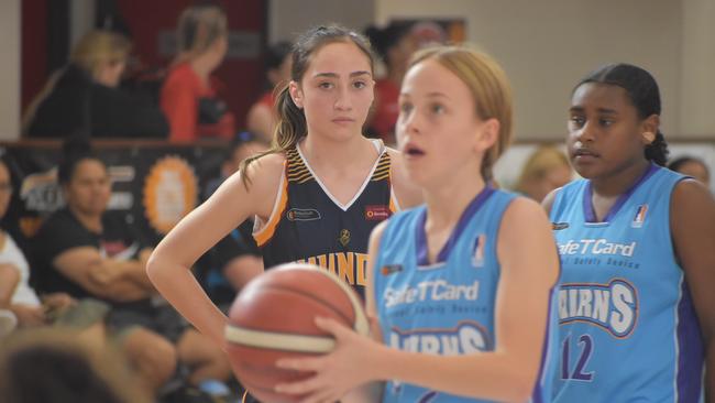 Milla Boodnikoff shoots free throws in the division one U14s girls State Championships match between Logan Thunder and Cairns Dolphins in Mackay, July 8 2021. Picture: Matthew Forrest