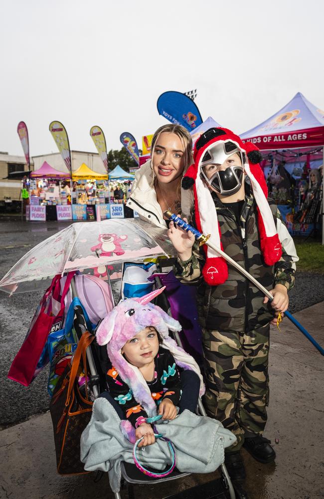 Sarah Read with her kids Tjala Walong and Rylen Weatherall at the Toowoomba Royal Show, Saturday, April 20, 2024. Picture: Kevin Farmer