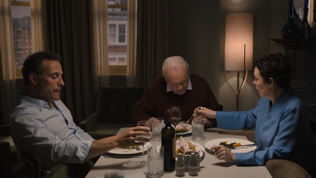 Rufus Sewell, Anthony Hopkins, and Olivia Colman in The Father.