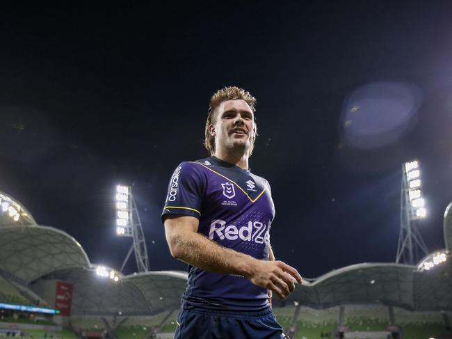 MELBOURNE, AUSTRALIA - APRIL 02: Ryan Papenhuyzen of the Storm acknowledges fans after the round four NRL match between the Melbourne Storm and the Brisbane Broncos at AAMI Park, on April 02, 2021, in Melbourne, Australia. (Photo by Darrian Traynor/Getty Images)