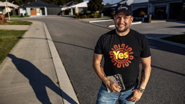 Yes23 volunteer Daniel Morrison-Bird hits the streets of Armadale, Western Australia, to talk to residents about the Indigenous voice. Picture: Colin Murty