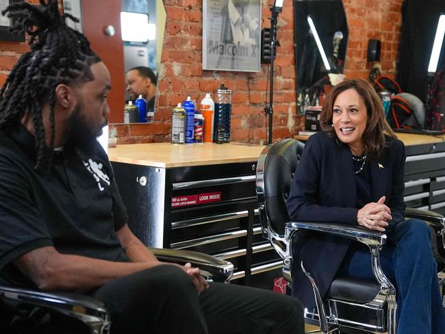 Kamala Harris visits a barber shop in Philadelphia. Picture: AFP