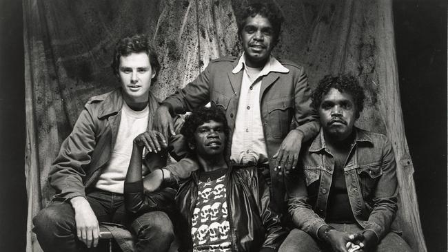 Warumpi Band in 1986: from left, Neil Murray, George Bur­arrwanga, Sammy Butcher and Gordon Butcher.