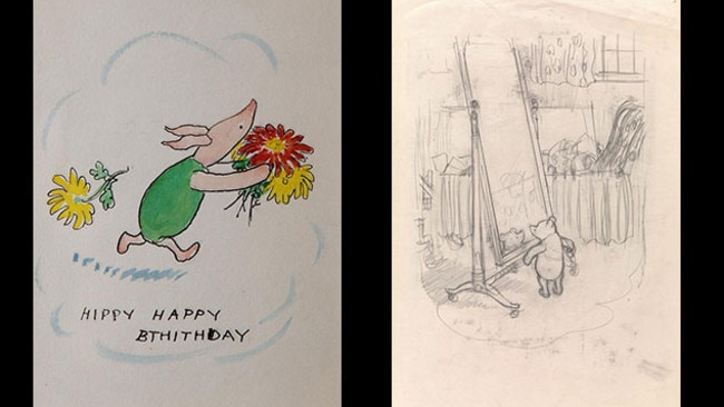 Ernest H. Shepard’s Hippy Happy Bthithday, left, Teddy Bear, from AA Milne’s When We Were Very Young (1923-24)