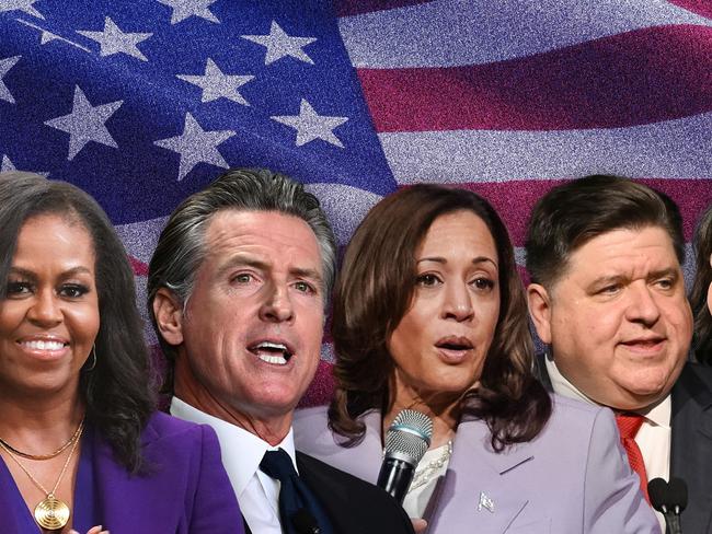 1 July 2024; A photo comp of Kamala Harris, Gavin Newsom, J.B. Pritzker,  Michelle Obama and Gretchen Whitmer. Collage. Sources supplied.