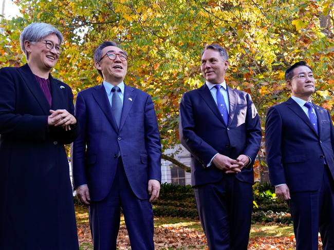 MELBOURNE, AUSTRALIA - MAY 01: (L-R) Australia's Foreign Minister Penny Wong, Korea's Minister of Foreign Affairs, Cho Tae-yul, Australia's Deputy Prime Minister and Defence Minister Richard Marles and Korea's National Defense Minister Shin Won-sik pose for a photo oppourtunity during a Australia and South Korea Foreign and Defence Ministers meeting on May 1, 2024 in Melbourne, Australia. South Korea and Australia were set to hold "two plus two" talks among their foreign and defense ministers Wednesday, as the two countries seek to deepen cooperation in the Indo-Pacific, defense and other areas, media reports said. (Photo by Asanka Brendon Ratnayake-Pool/Getty Images)