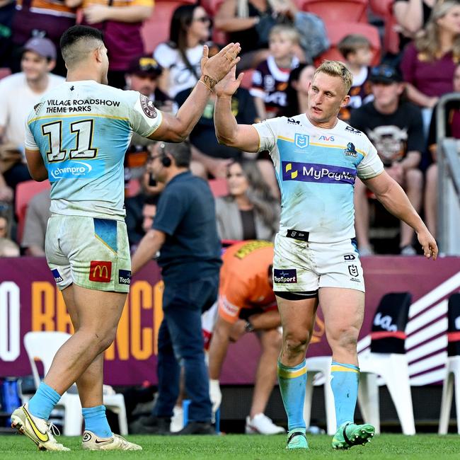 David Fifita and Tanah Boyd celebrate against the Broncos. Picture: Getty