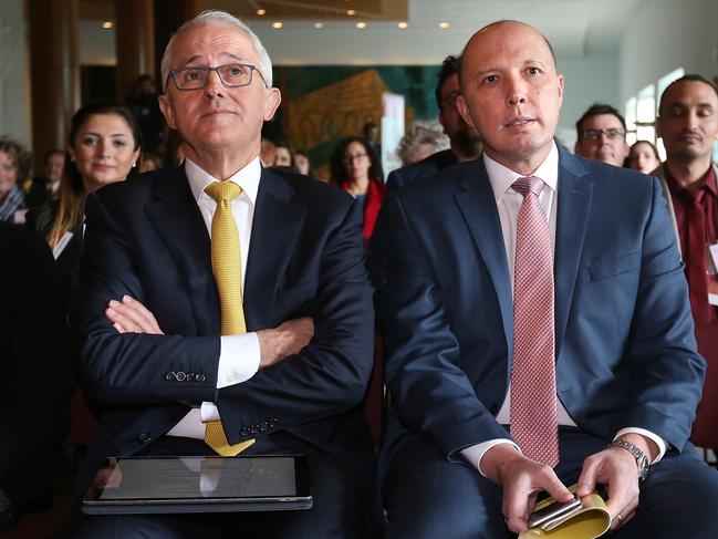 PM Malcolm Turnbull and Home Affairs Minister Peter Dutton attending a Refugee Week Event at Parliament House in Canberra. Picture Kym Smith