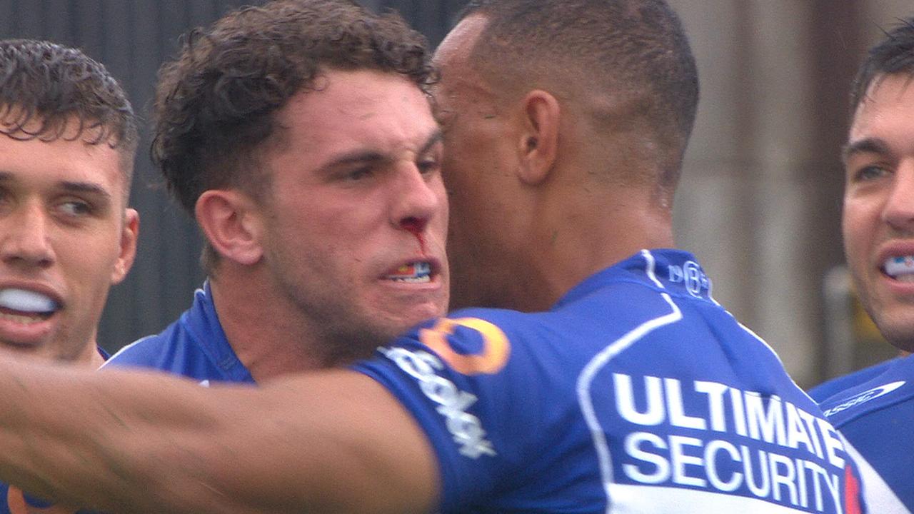 Adam Elliott celebrates his try against the Knights.