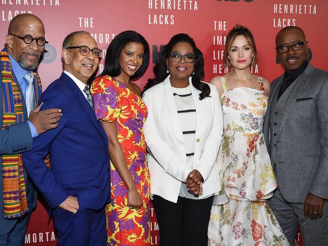 The cast of The Immortal Life of Henrietta Lacks (L-R) Reg E. Cathey, George C. Wolfe (director), Renee Elise Goldsberry, Oprah Winfrey, Rose Byrne and Courtney B. Vance (Dimitrios Kambouris/Getty Images/AFP)