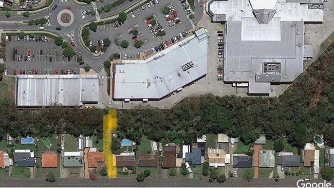 A yellow line shows the pathway from the shopping centre, McDonald’s and the tavern into a residential lane. Picture: Contributed