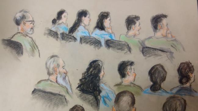 A court sketch of the 14 defendants in Brisbane Supreme Court on Wednesday. The three with their faces more in profile are Elizabeth’s father Jason Richard Struhs (wearing glasses) and the religious group’s leader Brendan Struhs (with the long beard). Elizabeth’s mother Kerrie Elizabeth Struhs is seated beside him. Picture: NewsWire