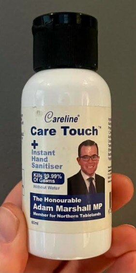 Agriculture Minister Adam Marshall’s hand sanitiser.