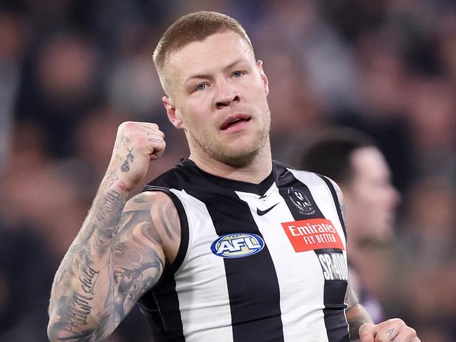 MELBOURNE, AUGUST 3, 2024: 2024 AFL Football - Round 21 - Collingwood Magpies V Carlton Blues at the MCG. Jordan De Goey of the Magpies celebrates a goal. Picture: Mark Stewart