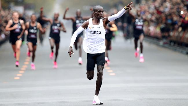 Kenya's Eliud Kipchoge crosses in the finish line in Vienna, Austria, wearing his controversial Nikes. Picture: Reuters