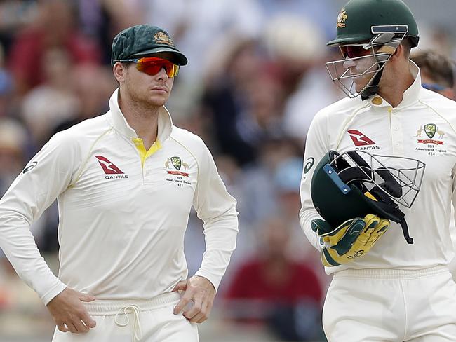 BIRMINGHAM, ENGLAND - AUGUST 03: Steve Smith of Australia speaks to Tim Paine of Australia during day three of the 1st Specsavers Ashes Test between England and Australia at Edgbaston on August 03, 2019 in Birmingham, England. (Photo by Ryan Pierse/Getty Images)