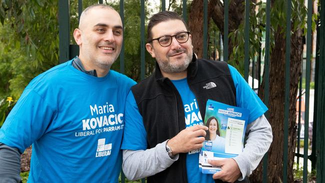 Independent Cumberland councillor Joseph Rahme still supports the Liberals outside local government. He is with ex-Parramatta Lord Mayor Steven Issa at Granville Public School. Picture: Brendan Read