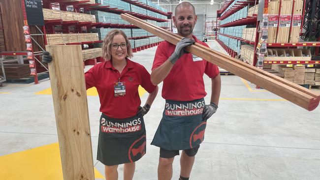 Bunnings Caboolture Complex Manager Emily Sweet and team member Matt in the massive timber factory space. Picture: Aaron Goodwin