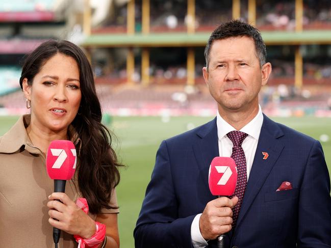 SYDNEY, AUSTRALIA - JANUARY 04: Tv commentators Mel McLaughlin, Ricky Ponting and Waqar Younis are seen prior to the start of play on day two of the Men's Third Test Match in the series between Australia and Pakistan at Sydney Cricket Ground on January 04, 2024 in Sydney, Australia. (Photo by Darrian Traynor/Getty Images)