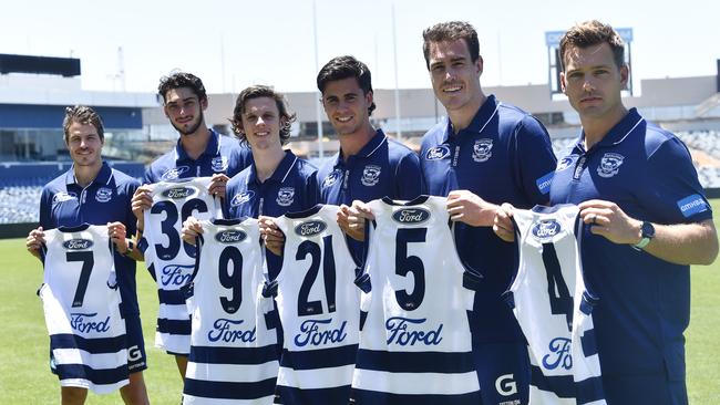 Isaac Smith, Paul Tsapatolis, Max Holmes, Nick Stevens, Jeremy Cameron and Shaun Higgins. Geelong Cats unveiled their new recruits and their numbers. Picture: Alan Barber