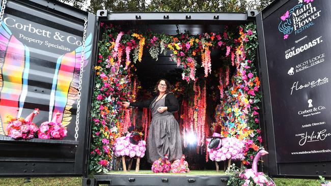 Main Beach Flower Festival artistic director Julia Rose inside a shipping container that will feature as a centrepiece at the event that’s on this weekend. Photo: Jason O'Brien