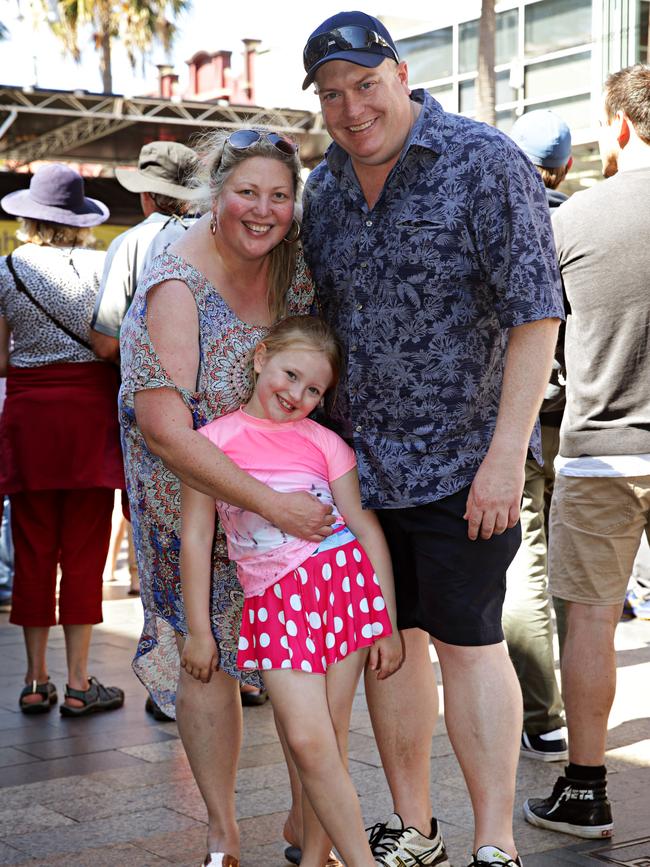 Desiree Waller, Amelia-Rose Waller, 6, and Brandon Waller at the 2018 Manly Jazz festival. Picture: Adam Yip