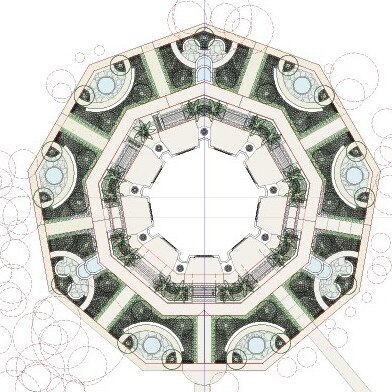 An artist's diagram showing proposed new landscaping, alterations and additions to the outside of the Baha'i Temple at Ingleside.