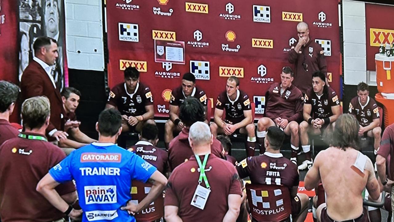 Queensland legend Cameron Smith coaches the Maroons team at halftime of Origin I in Adelaide.