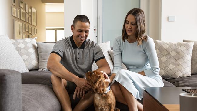 Usman Khawaja and wife Rachel at home. Picture: Mark Cranitch