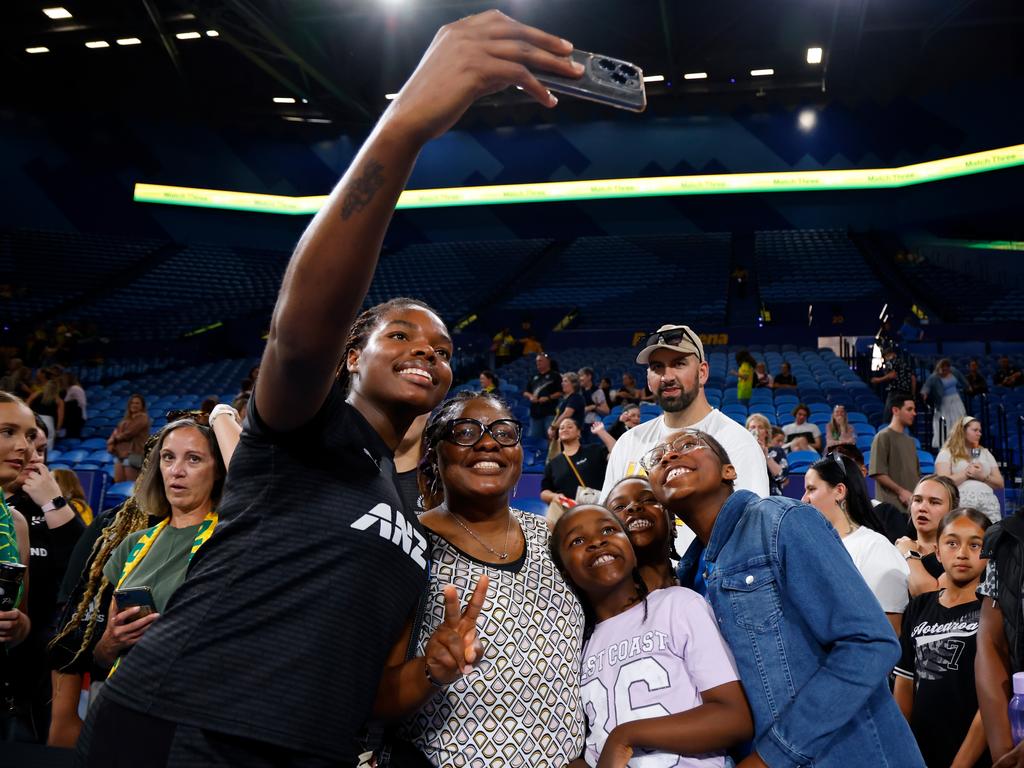 Grace Nweke of New Zealand takes a selfie with the fans after the win in Perth. Picture: James Worsfold/Getty Images.