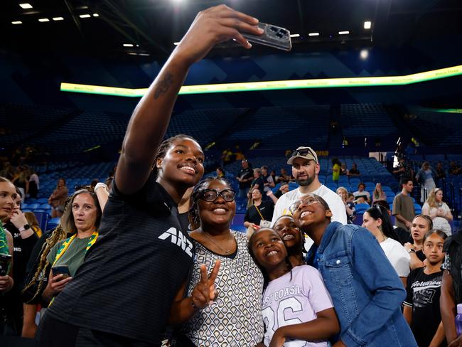 Grace Nweke of New Zealand takes a selfie with the fans after the win in Perth. Picture: James Worsfold/Getty Images.