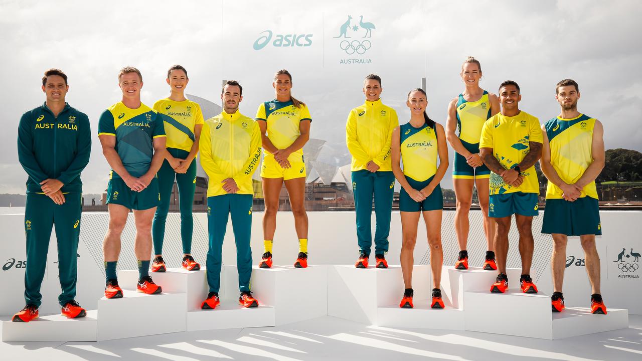 Australian athletes pose during the Australian Olympic Team Tokyo 2020 uniform unveiling.