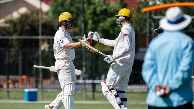 Danny Irvine shakes hands with Harry Cunningham after reaching his 100 on Saturday. Picture: AAP/Morgan Sette