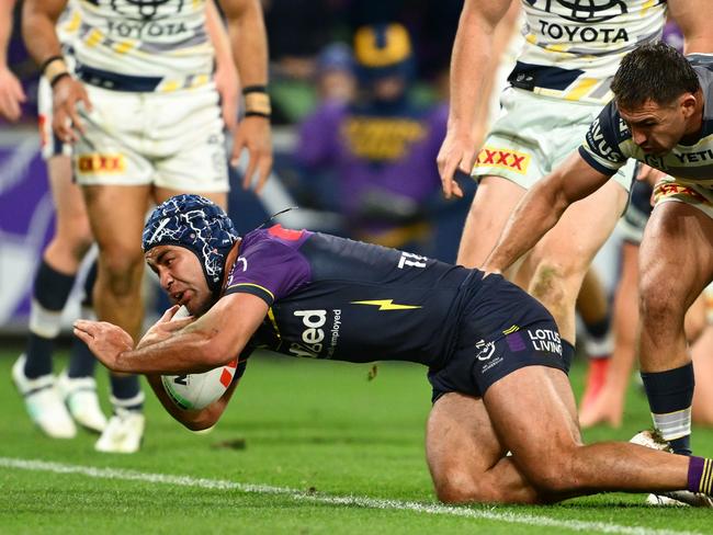 Jahrome Hughes scores for the Storm. Picture: Quinn Rooney/Getty Images