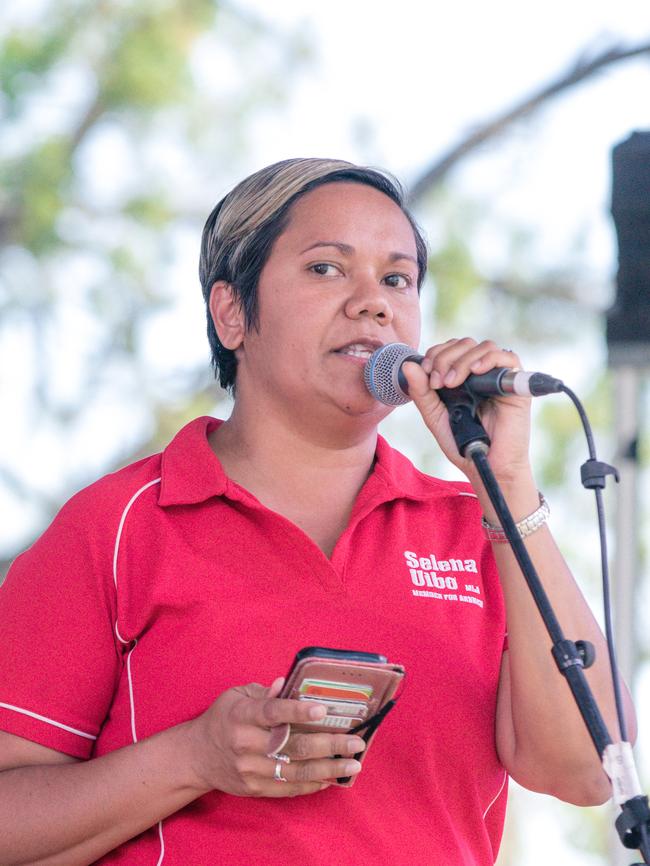 Member for Arnhem Selina Uibo speaks at a weekend of Music, Sport and Culture at the Barunga Festival. Picture Glenn Campbell