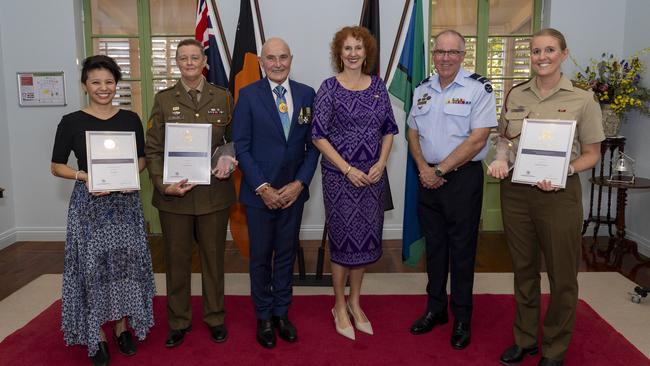 Recipients with Administrator of the Northern Territory, His Honour Professor the Honourable Hugh Heggie PSM, his partner Ms Ruth Jones and Air Commodore Grant Pinder at Government House. Picture: Supplied.