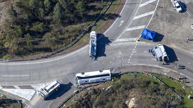 Aerial footage of the devastating bus crash scene in Greta. Picture: NCA NewsWire/Christian Gilles